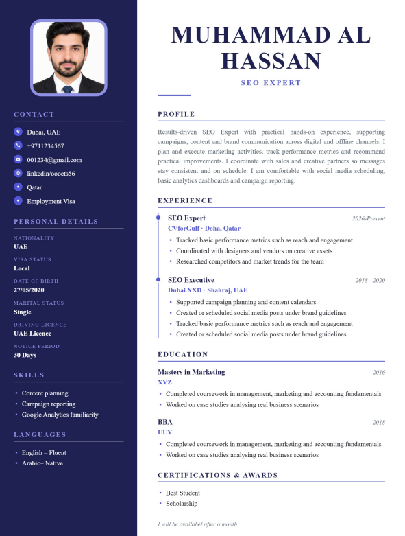 Prime Sidebar CV preview